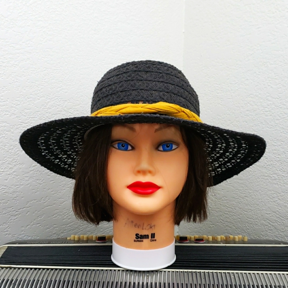 AWESOME BLACK W/MUSTARD YELLOW FABRIC BRAID ACCENT LARGE BRIM SUN HAT